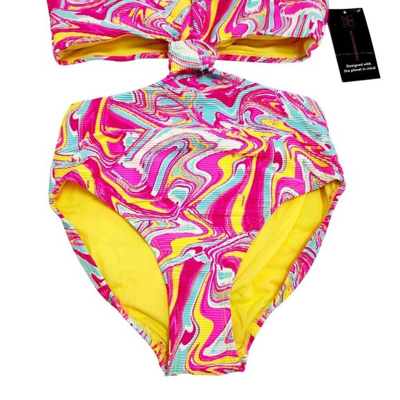 Womens High-Waisted Swirl Print Bikini Set Halter Tie Cut-Out Detail Size S - Picture 4 of 8